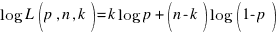 log L(p, n, k) = k log p + (n - k) log(1 - p)